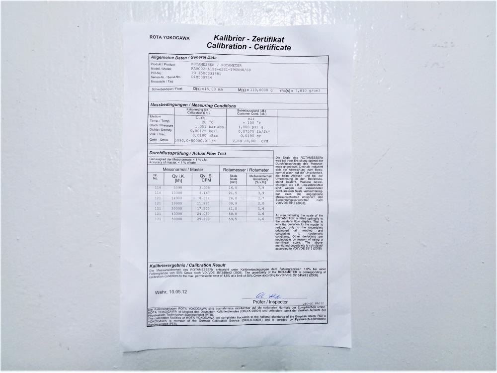 Rota Yokogawa 1" 150# Stainless Rotameter RAMC02-A1SS-62S1-T90NNN/SD